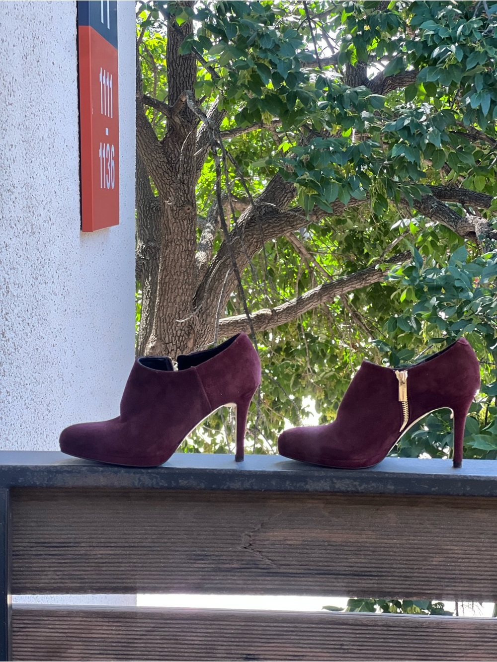 LK Bennett Burgundy Suede Ankle Booties with Gold Side Zip